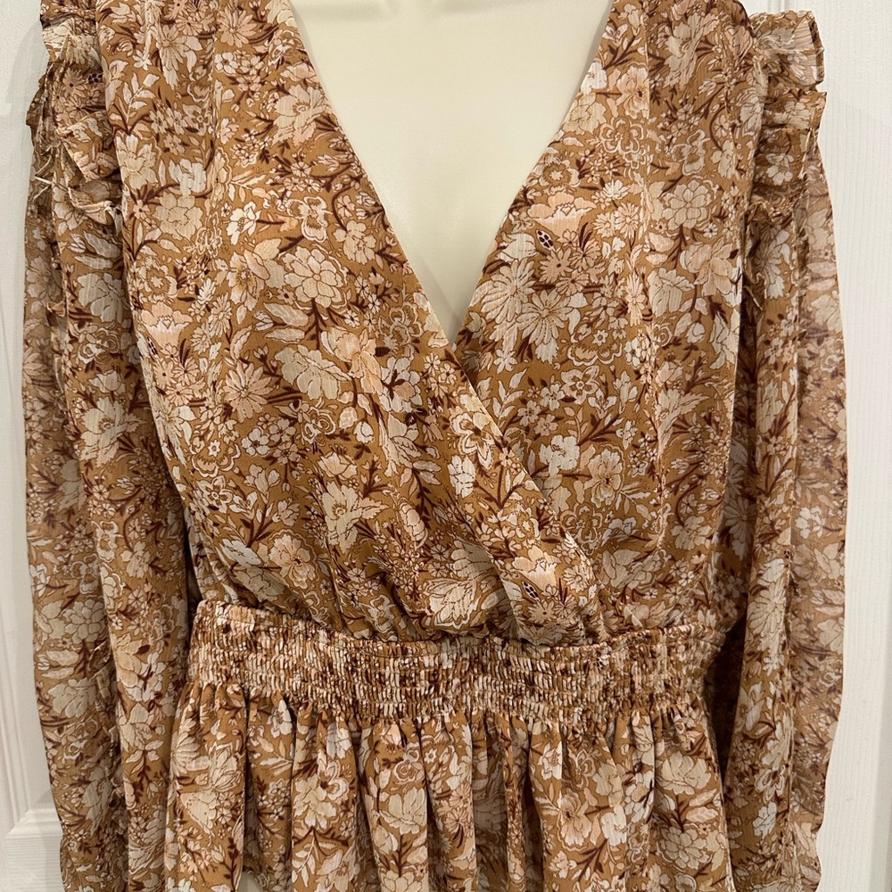 Express Floral Tan Long Sleeve Top